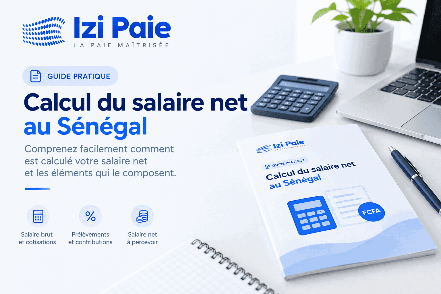 Guide pratique Izi Paie sur le calcul du salaire net au Sénégal, posé sur un bureau avec une calculatrice
