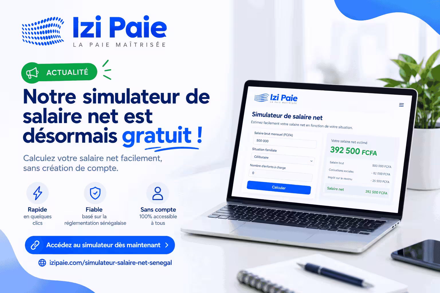 Le simulateur de salaire net Izi Paie affiché sur un ordinateur portable, avec un exemple de calcul en francs CFA